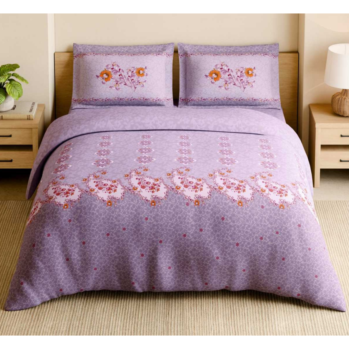 Spaces Shubha Papier Mâché Lavender Fogg Traditional 3-Dimensional Art 300TC Cotton Super King Bed Sheet Set | 1085770 Lavender Fogg