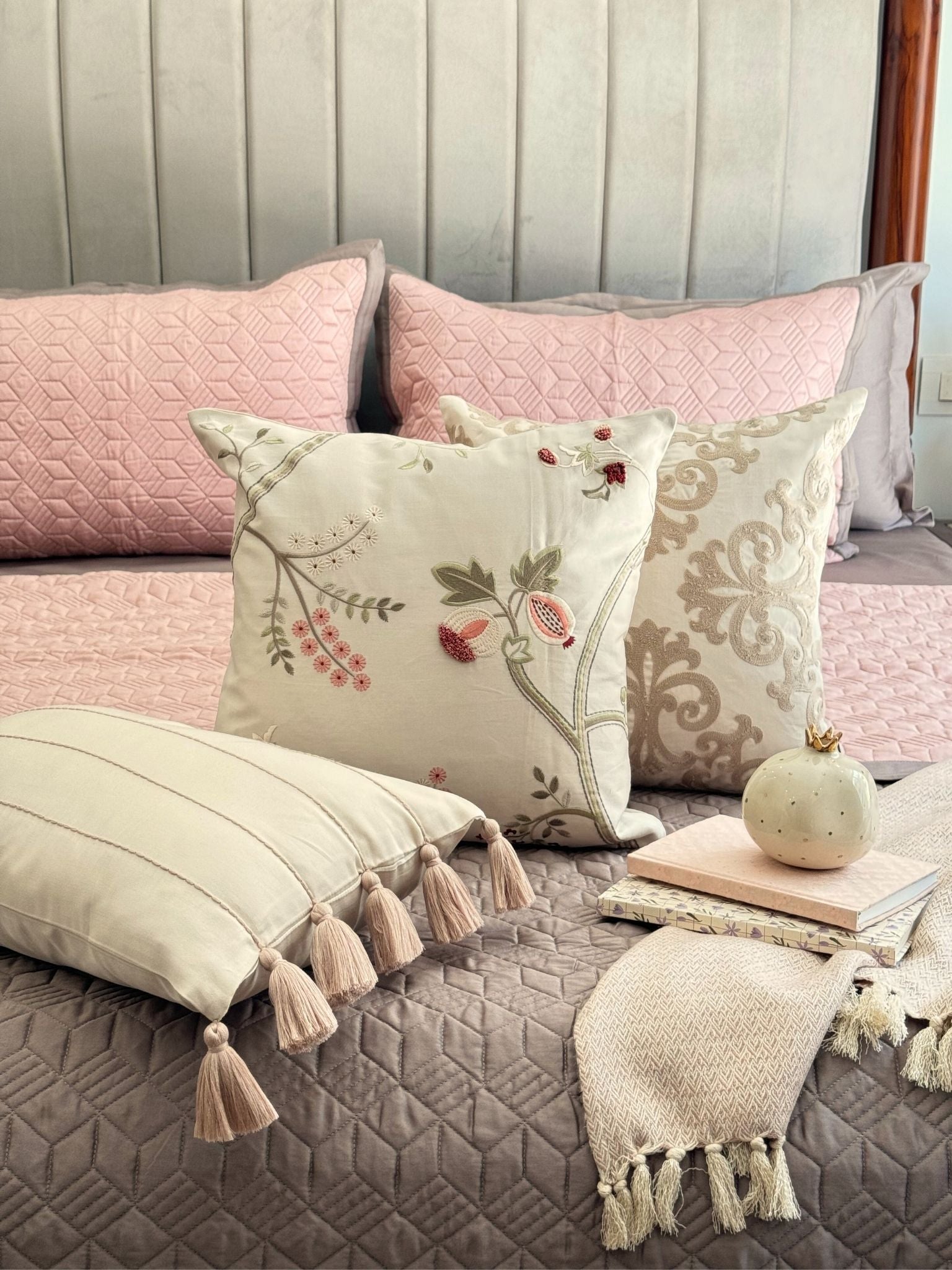 Sadyaska Botanical Charm Cotton Embroidered Beige 16" X 16" 1 Pcs Cushion Cover