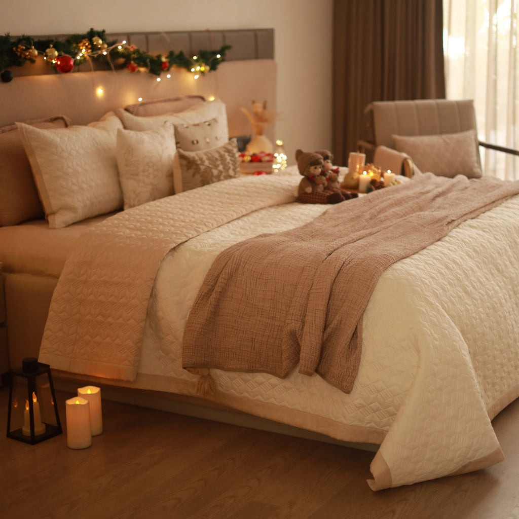 Sadyaska Oats Beige and Ivory Adore Cotton Reversible 1 Pcs Bedspread