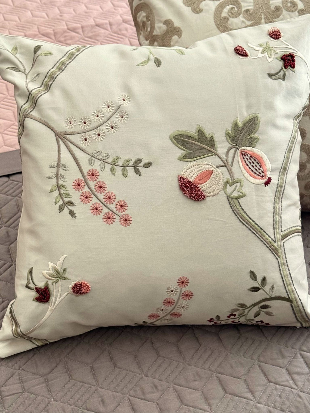 Sadyaska Botanical Charm Cotton Embroidered Beige 16" X 16" 1 Pcs Cushion Cover
