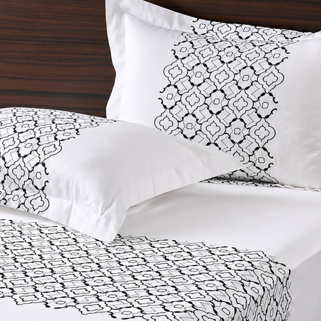 Anna Simona Turni 3 Pcs Bedsheet Set 400 TC Cotton Satin Embroidered Bed Cover Set – White & Black