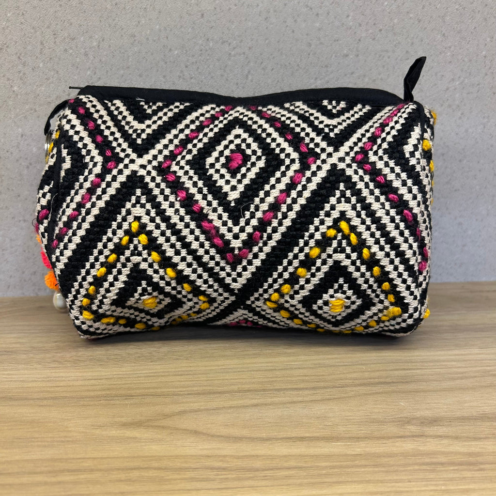 Sadyaska Black and White (Yellow - Pink) Cotton Medium Size Woven Wedding Jewelry Pouch / Cosmetic / Make Up Case Multifunction Storage 1 Pcs Product