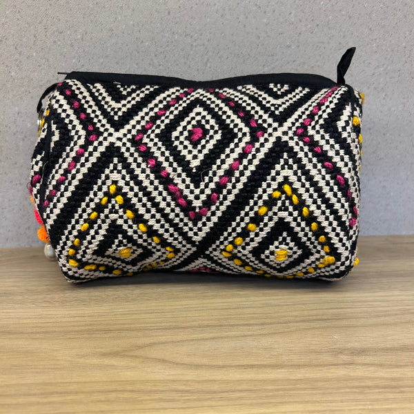 Sadyaska Black and White (Yellow - Pink) Cotton Medium Size Woven Wedding Jewelry Pouch / Cosmetic / Make Up Case Multifunction Storage 1 Pcs Product