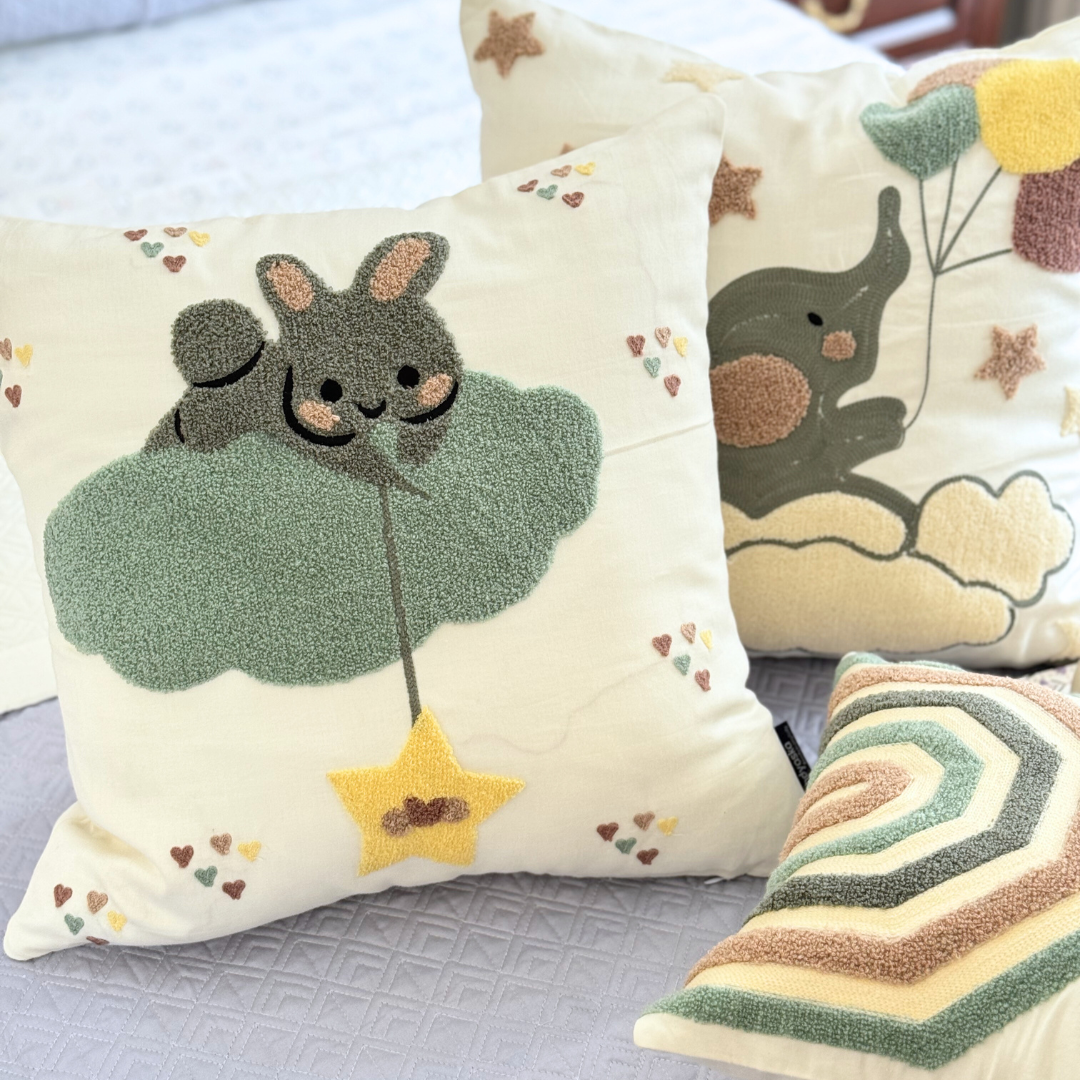 Sadyaska Bunny Cotton Embroidered Ivory Kids Design 16" X 16" 1 Pcs Cushion Cover