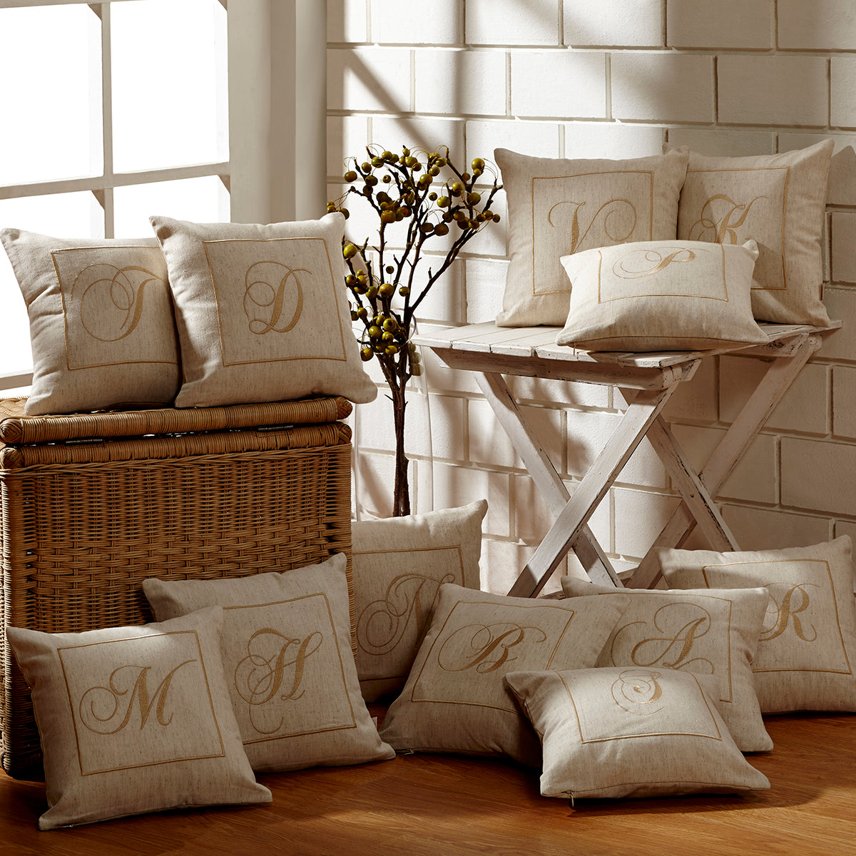 Maspar Machine Embroidery Monogram A/Cotton Flax Cushion Cover Beige