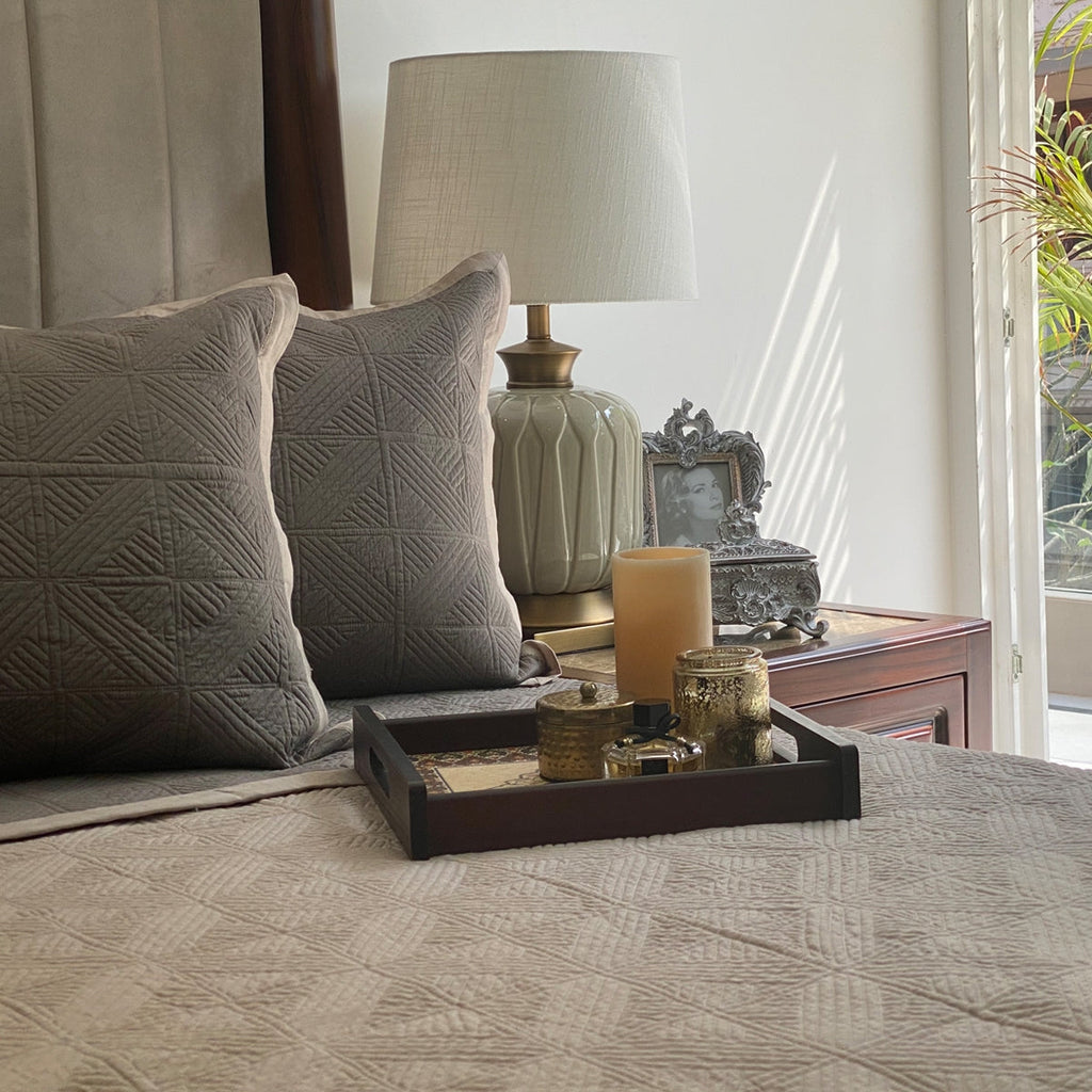 Sadyaska Beige & Olive Grey Cubist Reversible 1 Pcs Bedspread