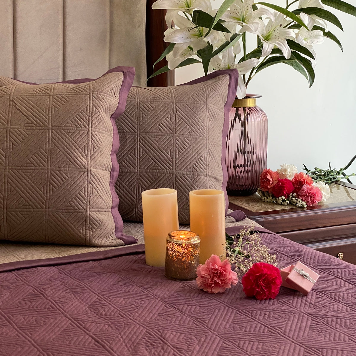 Sadyaska Mauve and Taupe Cubist Reversible 1 Pcs Bedspread