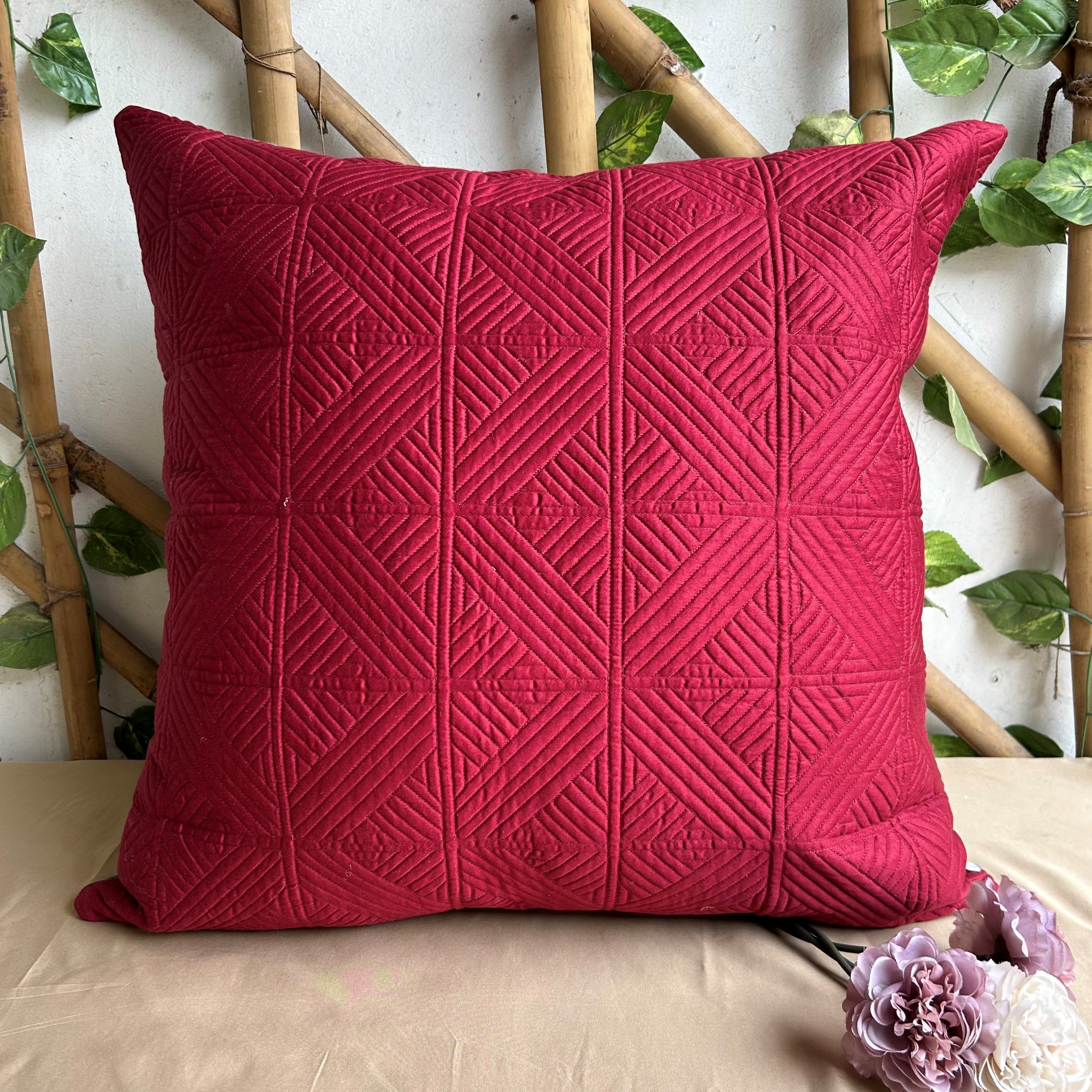 Sadyaska Cubist Maroon and Olive Grey Quilted Reversible Cotton 1 Pcs Euro Sham