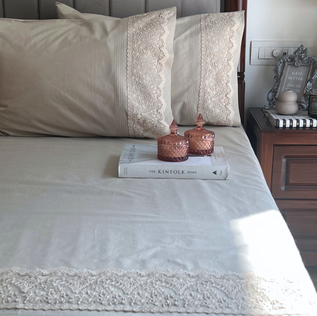 Sadyaska Chantilly Beige Embroidered Lace Set 1 Pcs Bedsheet