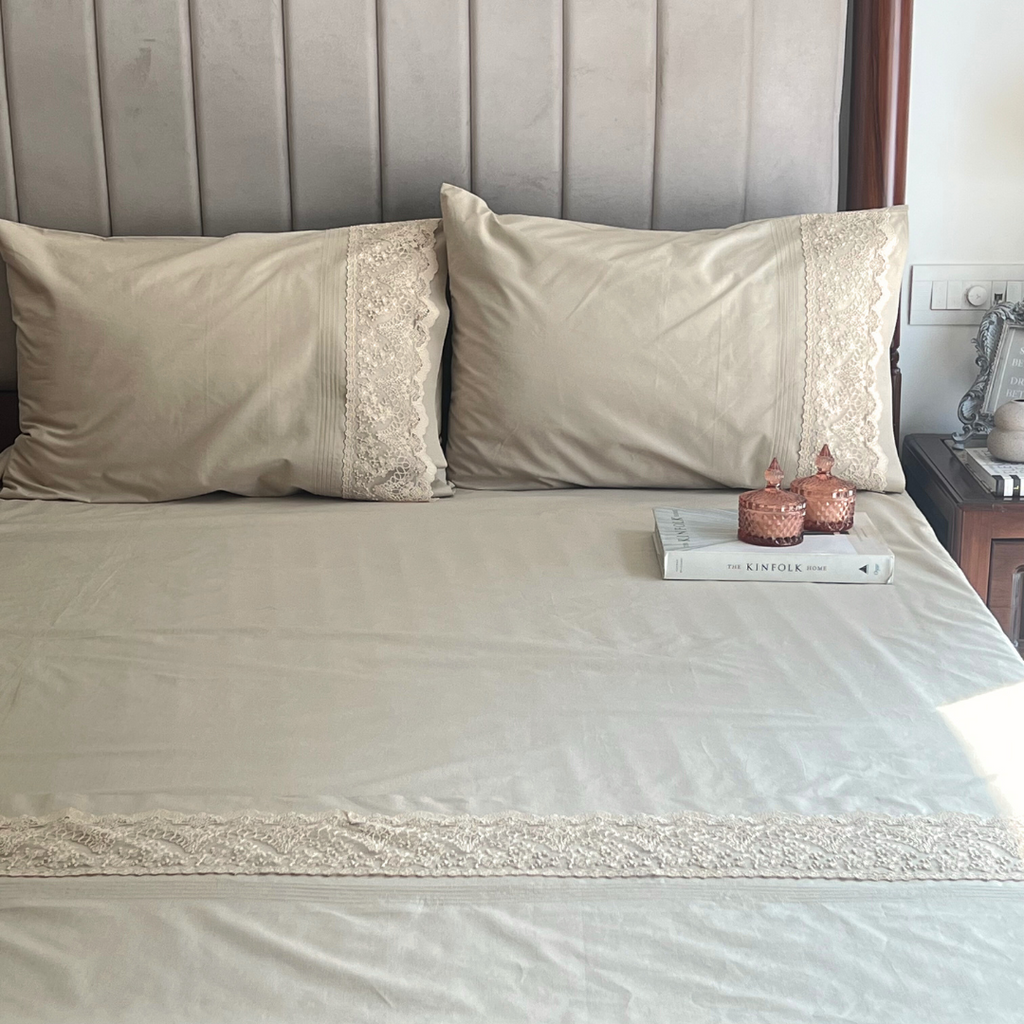 Sadyaska Chantilly Beige Embroidered Lace Set 1 Pcs Bedsheet