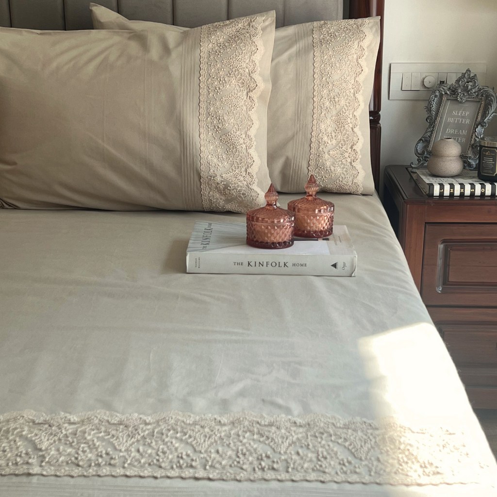 Sadyaska Chantilly Desert Beige Embroidered Lace Set 1 Pcs Bedsheet