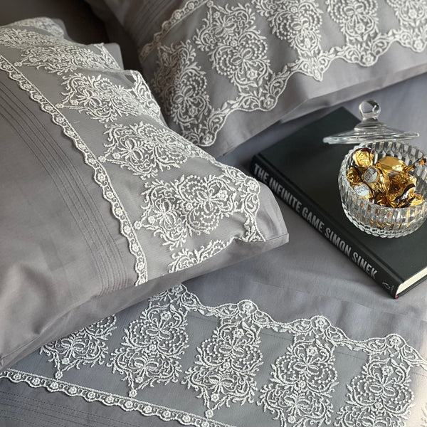 Sadyaska Chantilly Elephant Grey Embroidered Lace Set 1 Pcs Bedsheet
