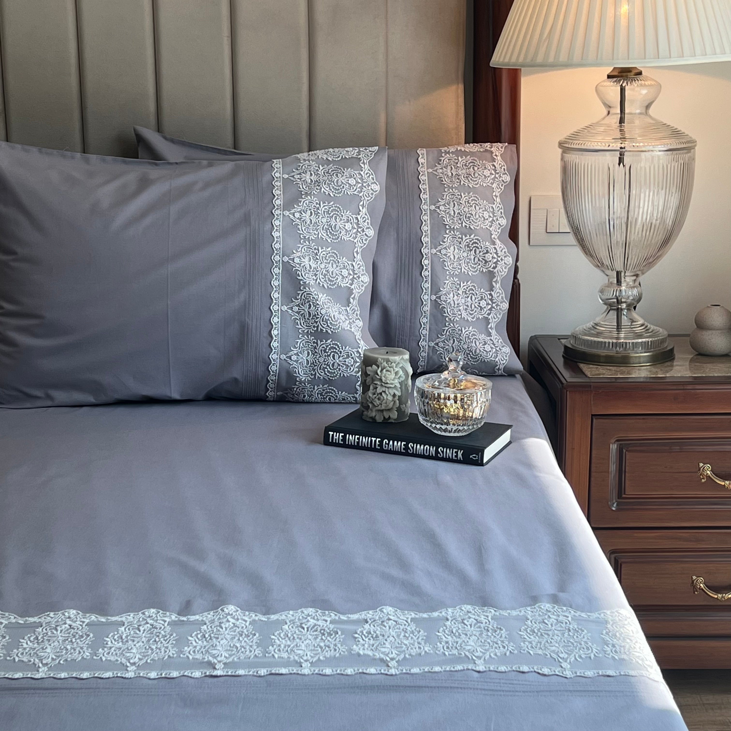 Sadyaska Chantilly Elephant Grey Embroidered Lace Set 1 Pcs Bedsheet