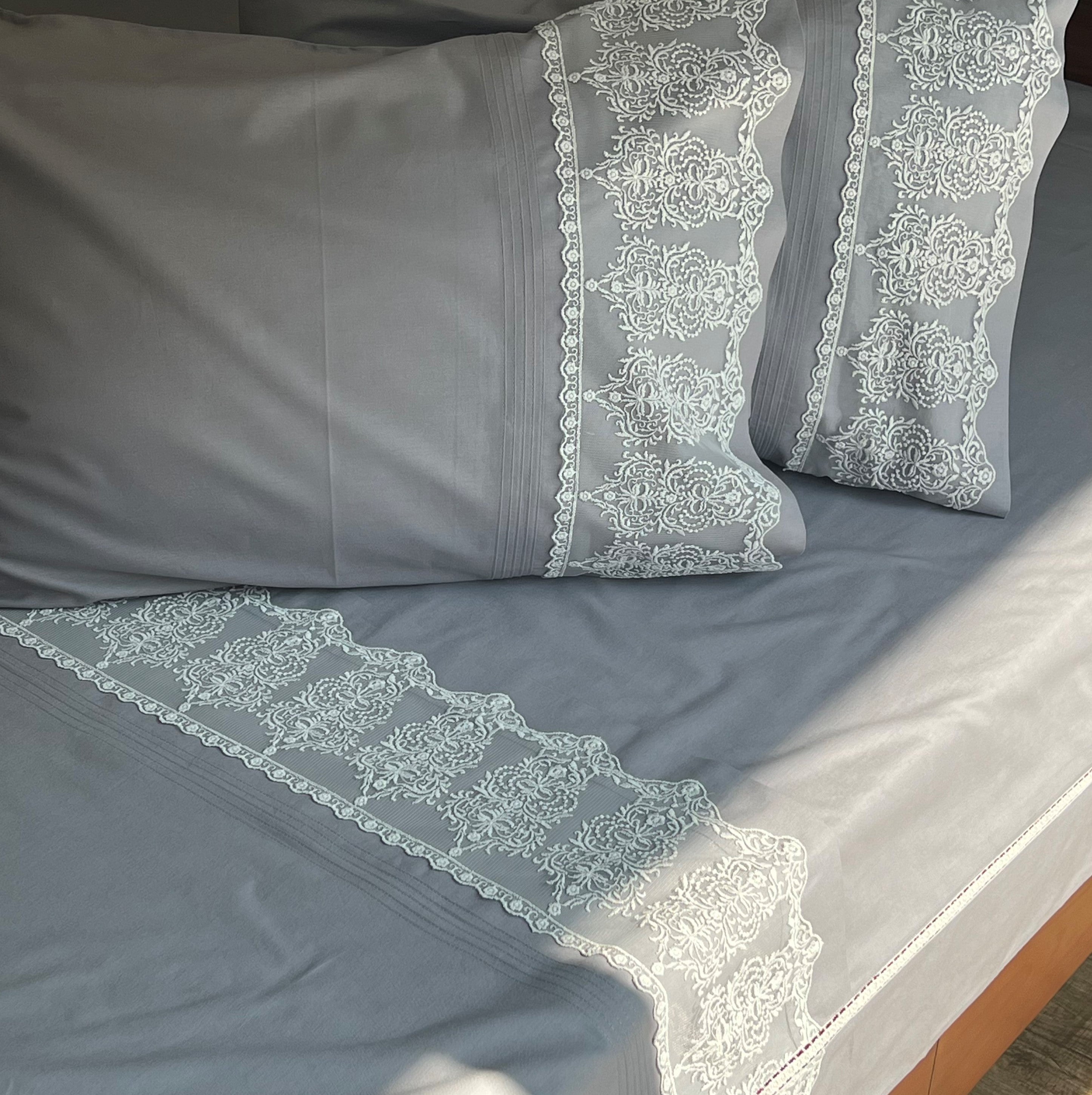 Sadyaska Chantilly Elephant Grey Embroidered Lace Set 1 Pcs Bedsheet