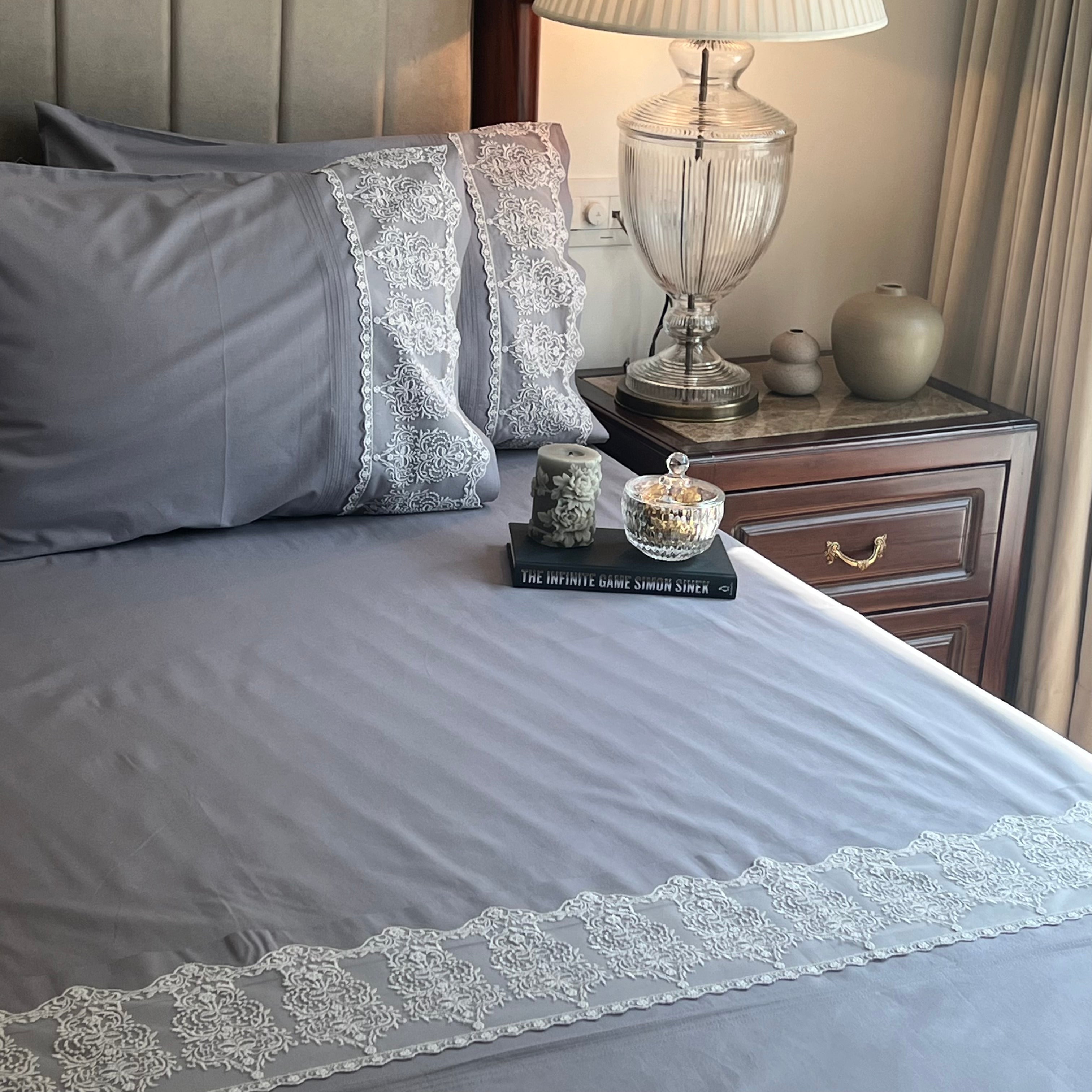 Sadyaska Chantilly Elephant Grey Embroidered Lace Set 1 Pcs Bedsheet