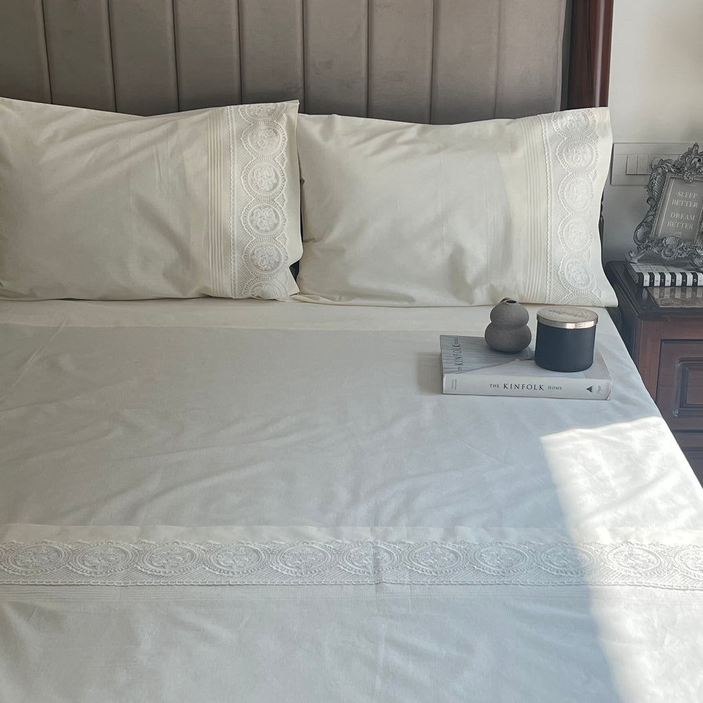 Sadyaska Chantilly Ivory Embroidered Lace Set 1 Pcs Bedsheet
