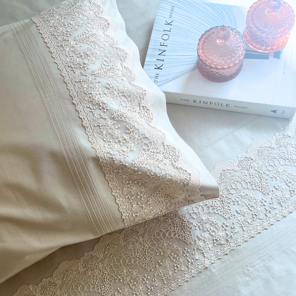 Sadyaska Chantilly Oats Beige Embroidered Lace Set 1 Pcs Bedsheet