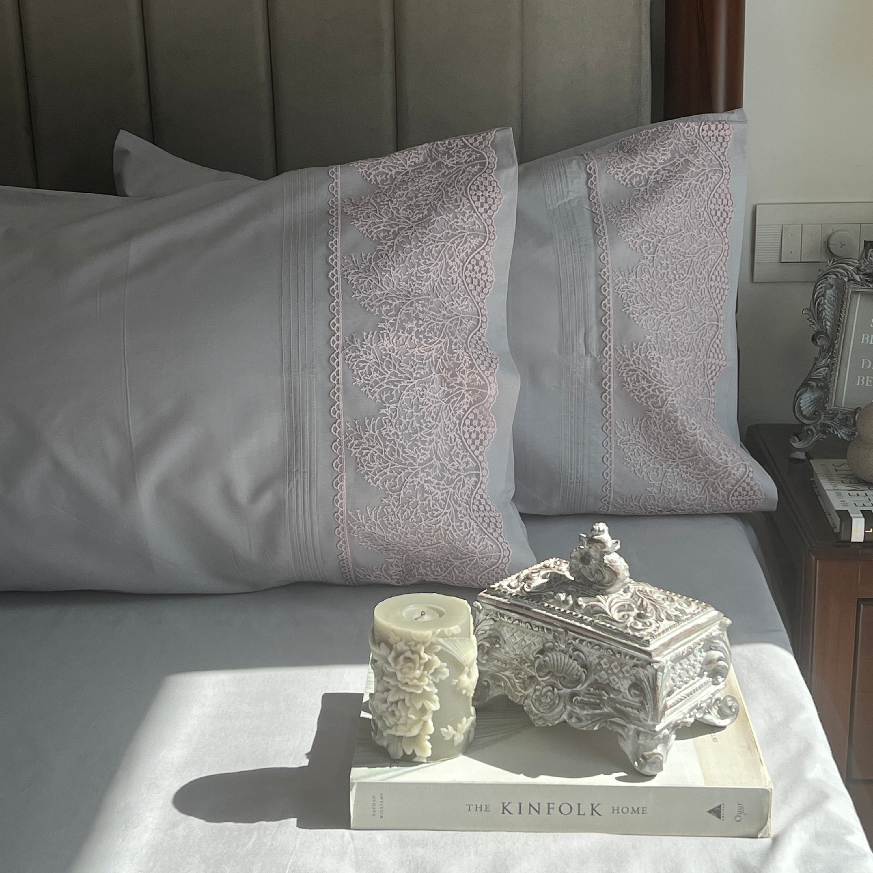 Sadyaska Chantilly Pearl Grey Embroidered Lace Set 1 Pcs Bedsheet