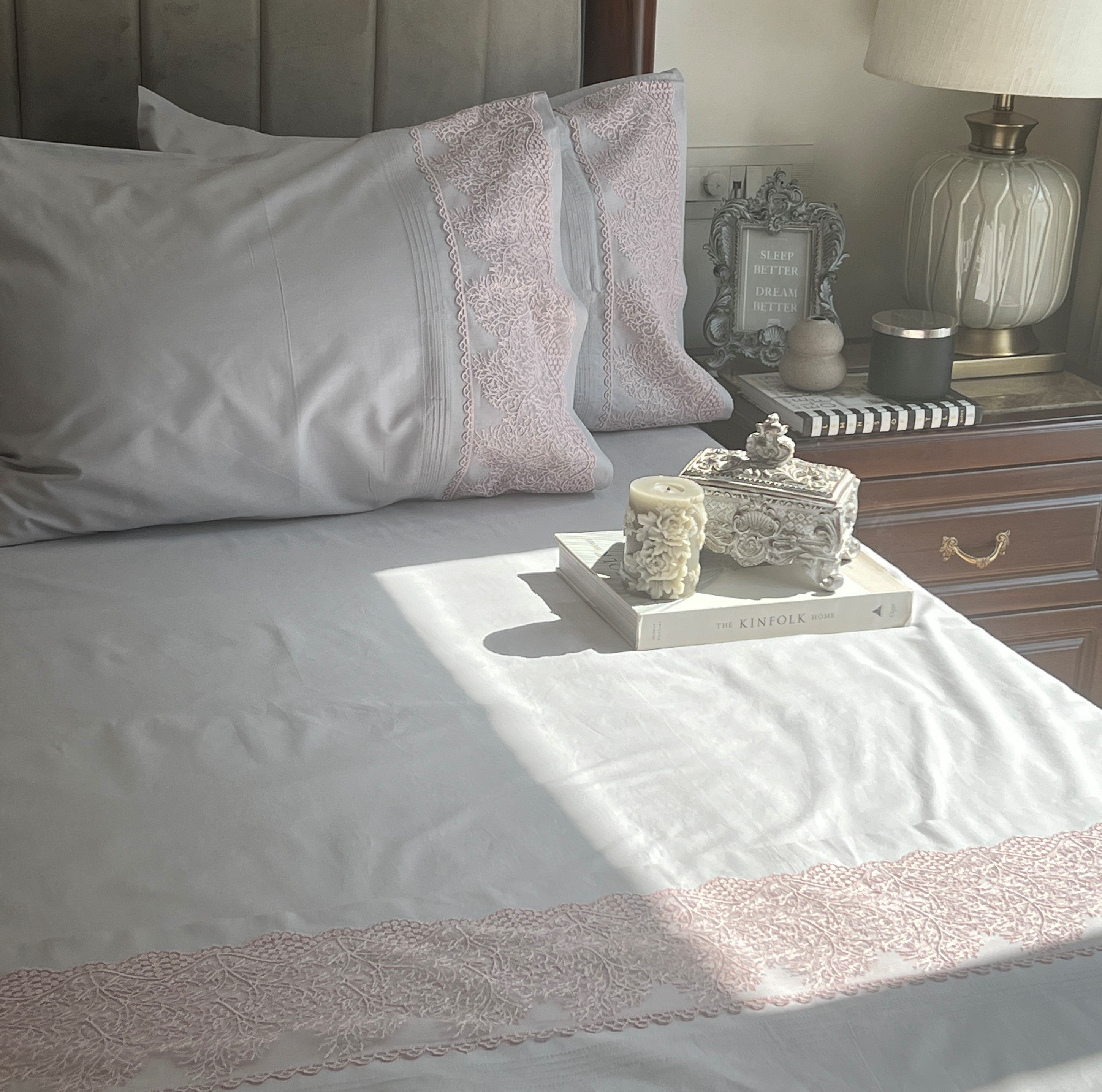 Sadyaska Chantilly Pearl Grey Embroidered Lace Set 1 Pcs Bedsheet