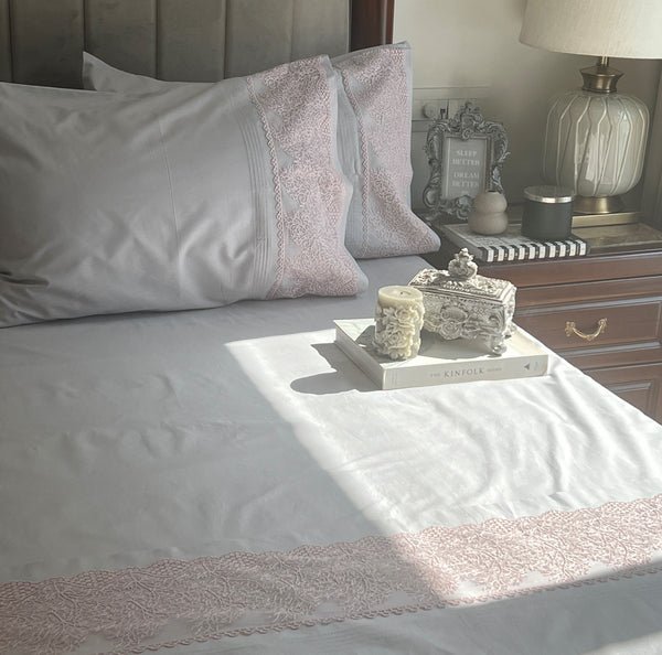 Sadyaska Chantilly Pearl Grey Embroidered Lace Set 1 Pcs Bedsheet