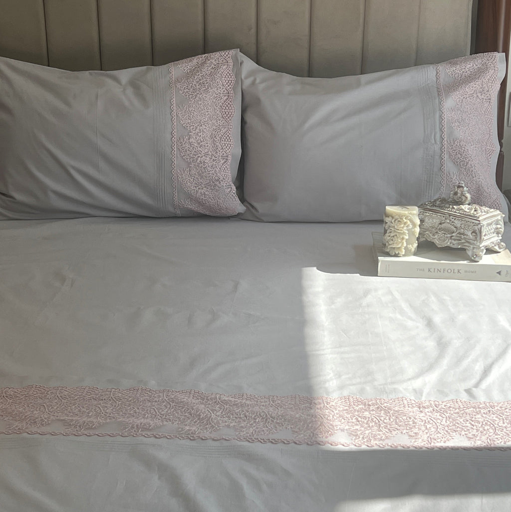 Sadyaska Chantilly Pearl Grey Embroidered Lace Set 1 Pcs Bedsheet