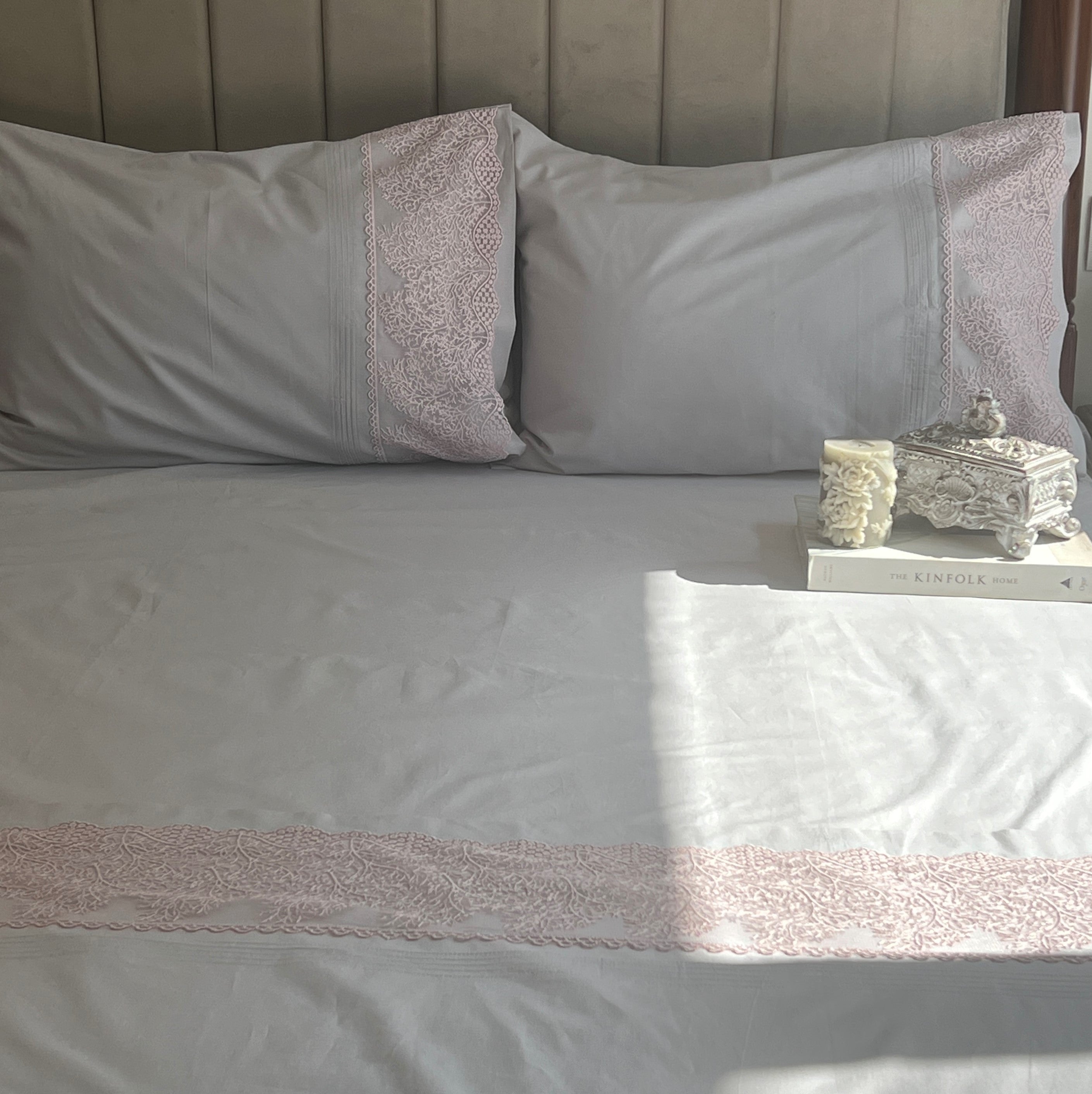 Sadyaska Chantilly Pearl Grey Embroidered Lace Set 1 Pcs Bedsheet