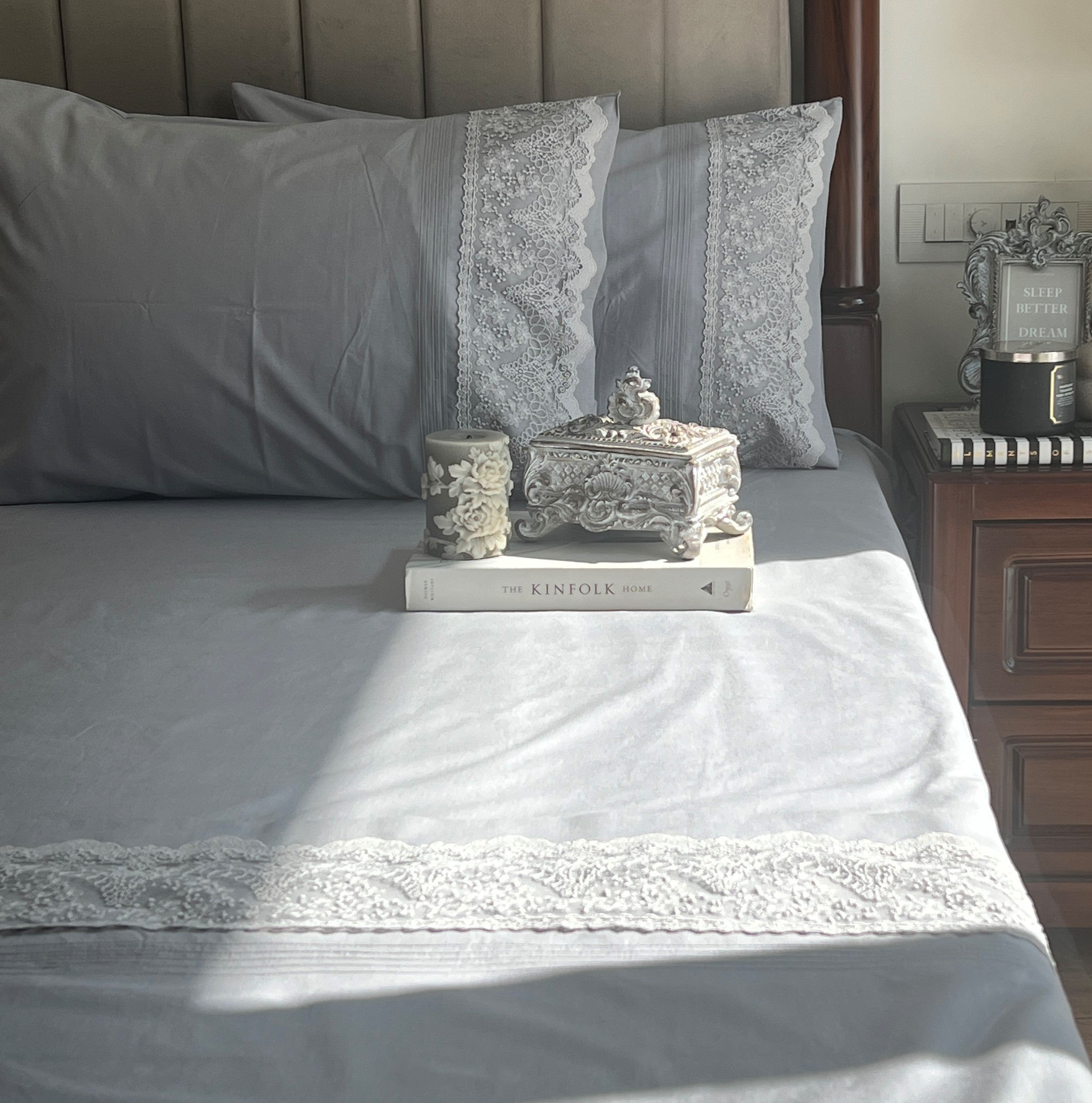 Sadyaska Chantilly Slate Embroidered Lace Set 1 Pcs Bedsheet