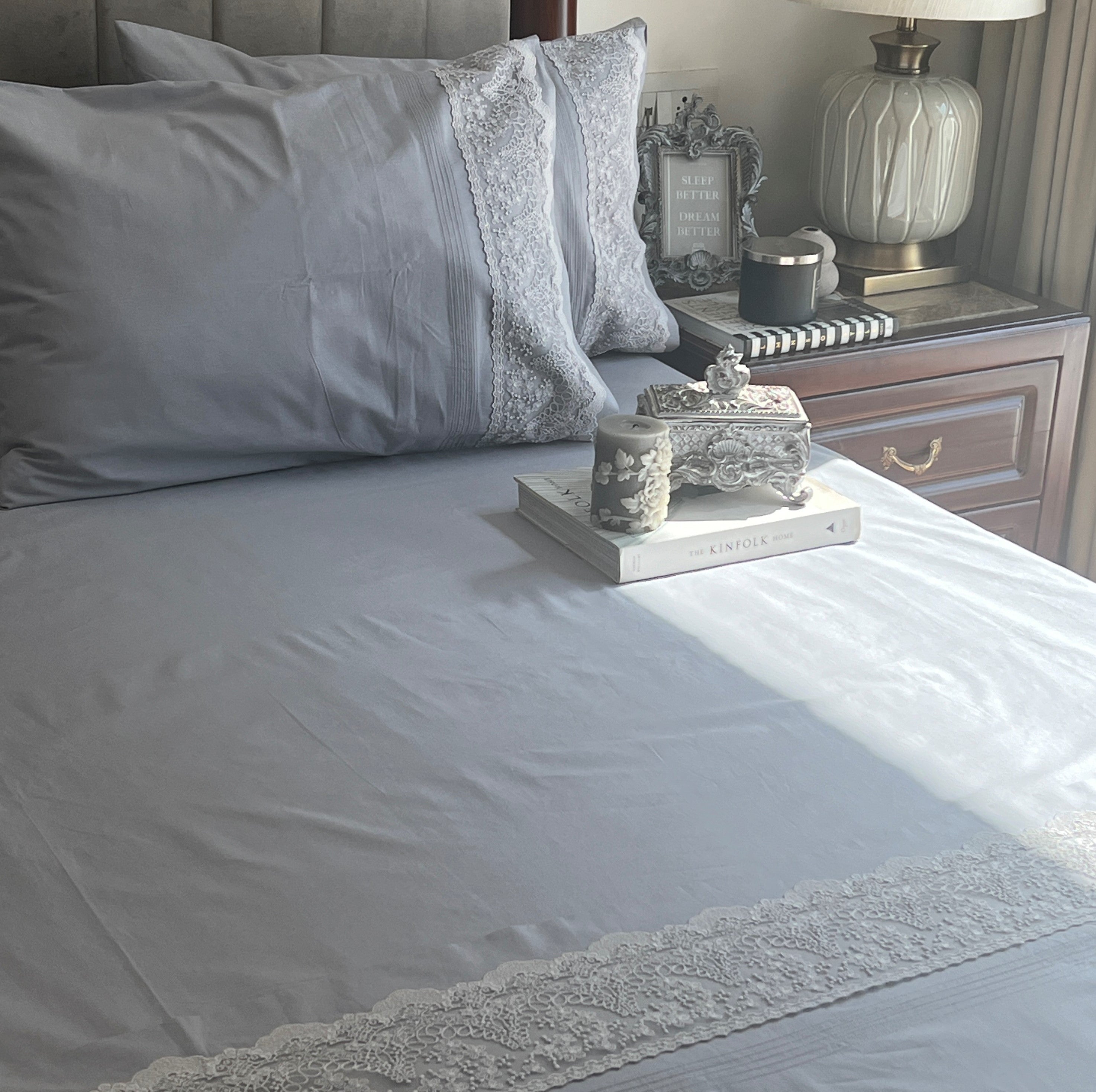 Sadyaska Chantilly Slate Embroidered Lace Set 1 Pcs Bedsheet