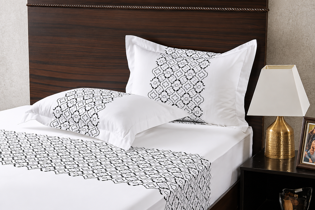 Anna Simona Turni 3 Pcs Bedsheet Set 400 TC Cotton Satin Embroidered Bed Cover Set – White & Black