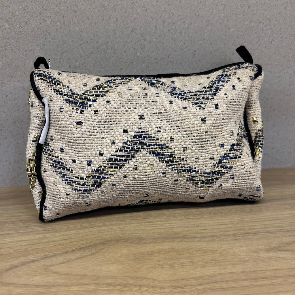 Sadyaska Ivory and Blue Chevron Cotton Medium Size Woven Wedding Jewelry Pouch / Cosmetic / Make Up Case Multifunction Storage 1 Pcs Product
