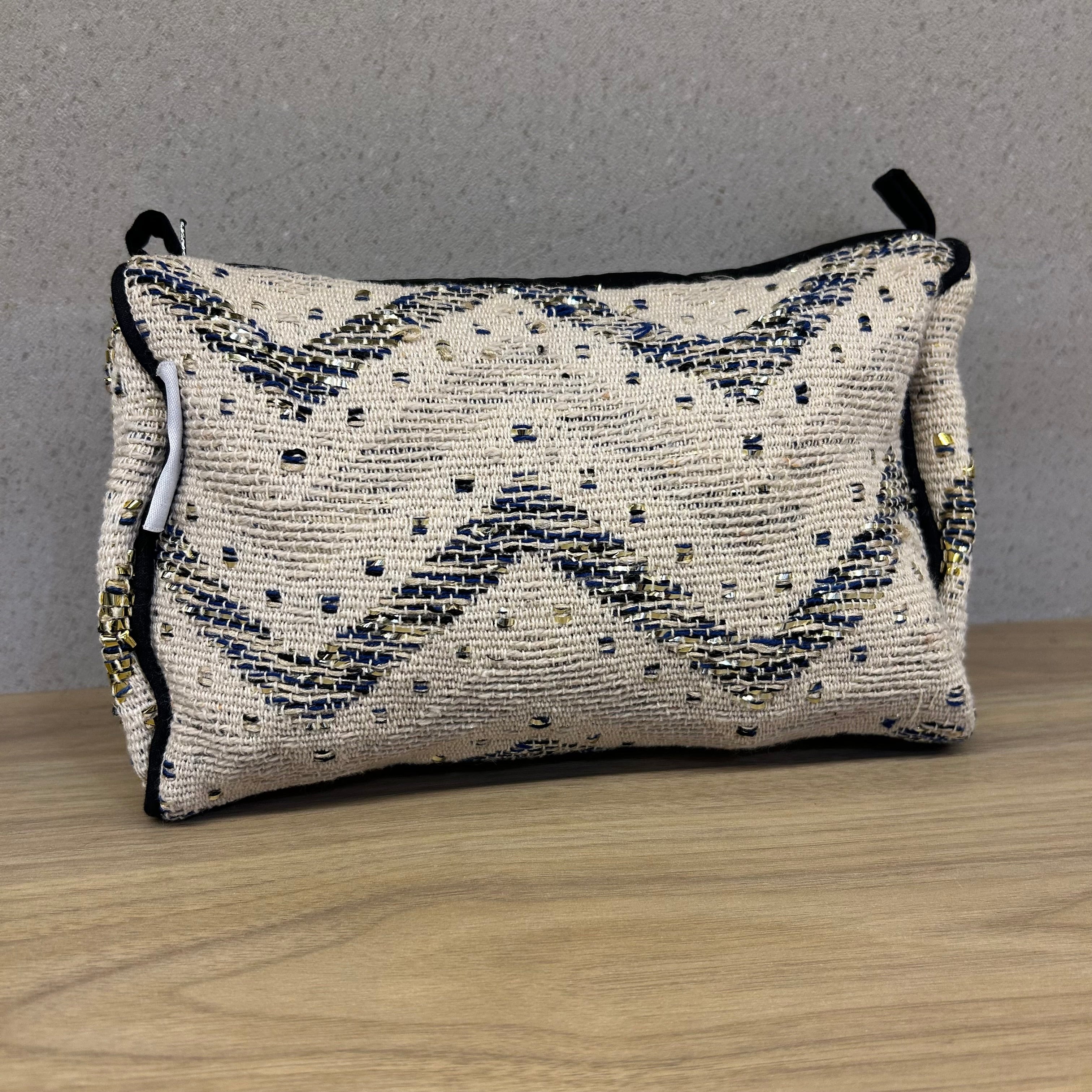 Sadyaska Ivory and Blue Chevron Cotton Medium Size Woven Wedding Jewelry Pouch / Cosmetic / Make Up Case Multifunction Storage 1 Pcs Product