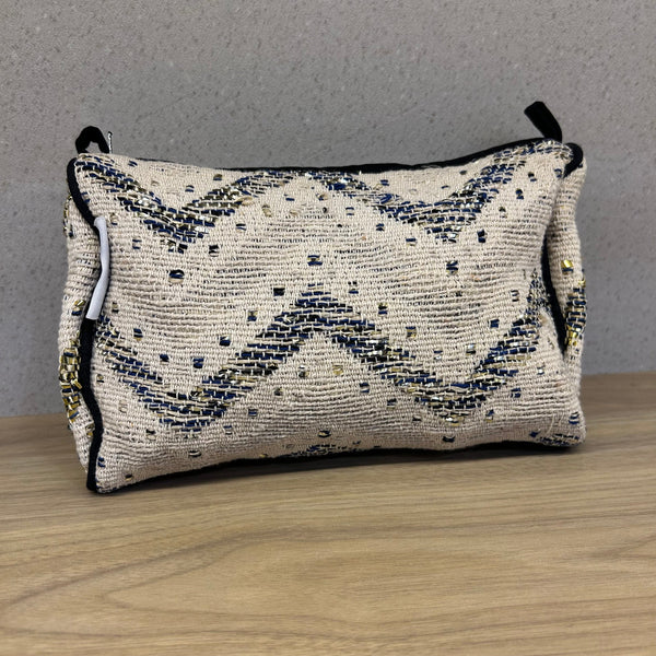 Sadyaska Ivory and Blue Chevron Cotton Medium Size Woven Wedding Jewelry Pouch / Cosmetic / Make Up Case Multifunction Storage 1 Pcs Product