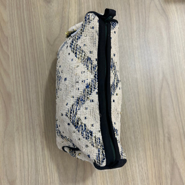 Sadyaska Ivory and Blue Chevron Cotton Medium Size Woven Wedding Jewelry Pouch / Cosmetic / Make Up Case Multifunction Storage 1 Pcs Product