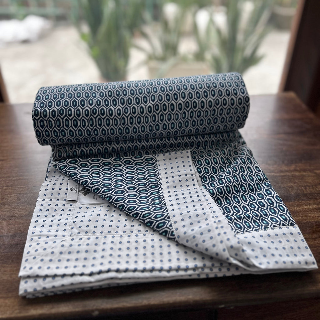 Sadyaska Double Bed Dark Blue and White Printed Premium Pure Cotton Reversible 1 Pcs Dohar