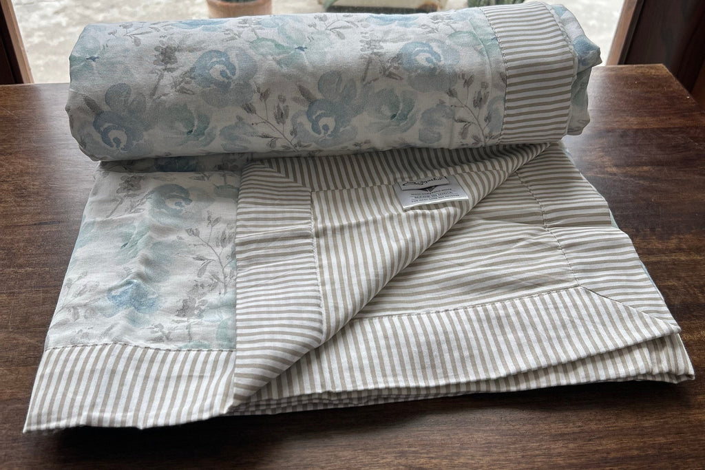 Sadyaska Single Bed Blue and Grey Floral Printed Premium Pure Cotton Reversible 1 Pcs Dohar