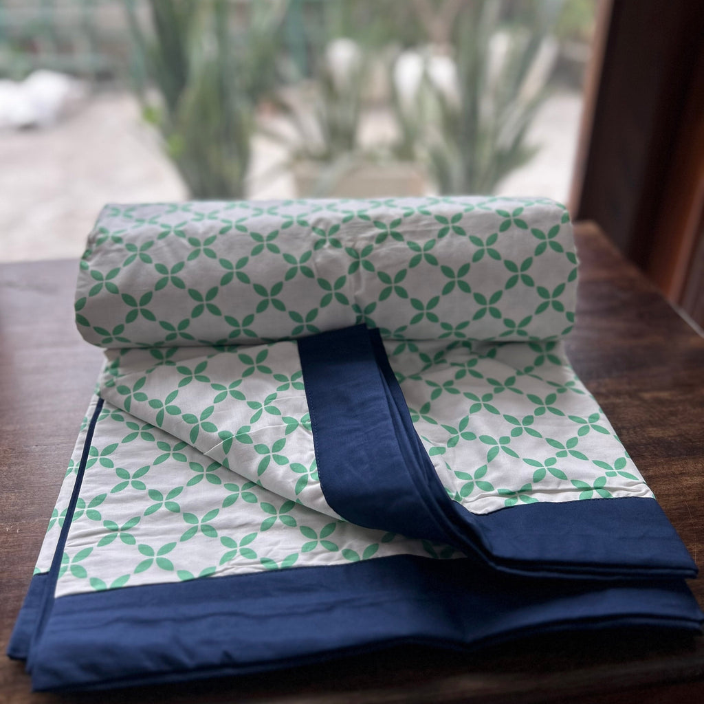 Sadyaska Double Bed Green and Blue Floral Printed Premium Pure Cotton Reversible 1 Pcs Dohar