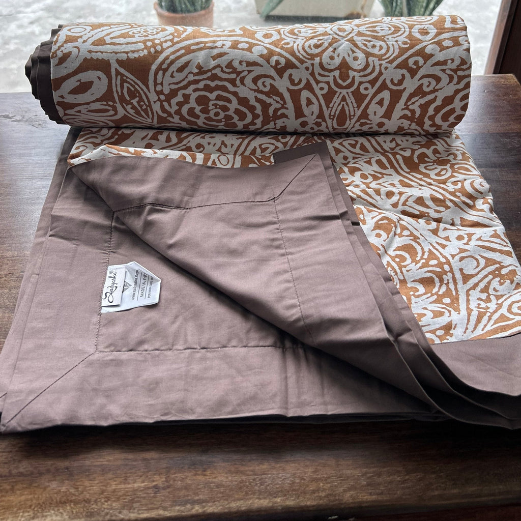 Sadyaska Single Bed Mustard Taupe Printed Premium Pure Cotton Reversible 1 Pcs Dohar