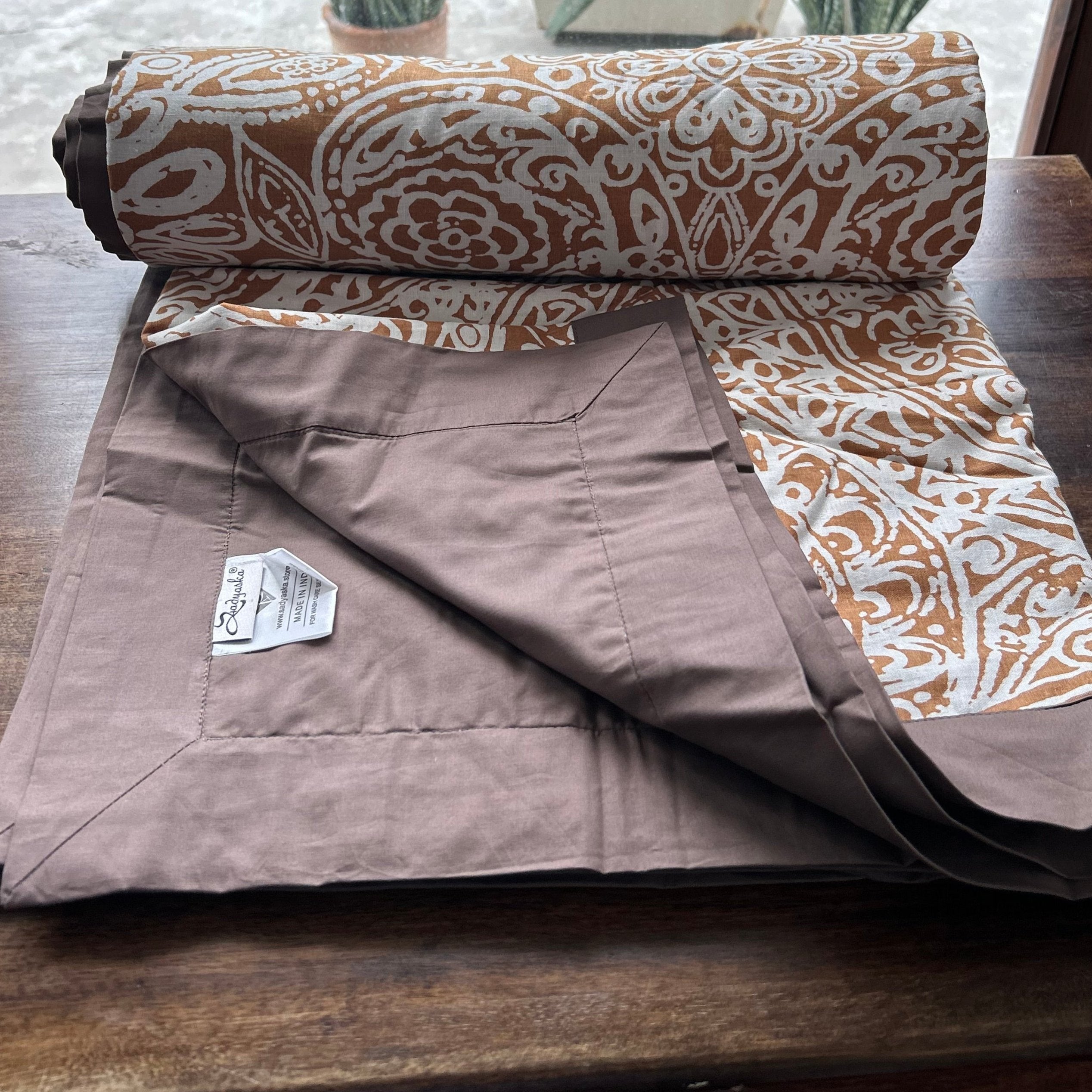 Sadyaska Single Bed Mustard Taupe Printed Premium Pure Cotton Reversible 1 Pcs Dohar