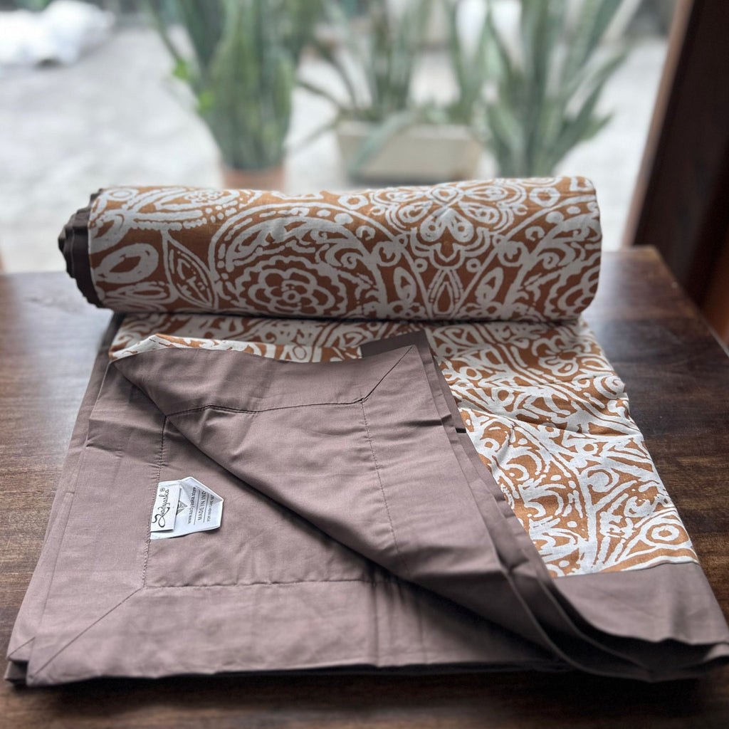 Sadyaska Double Bed Mustard and Taupe Printed Premium Pure Cotton Reversible 1 Pcs Dohar