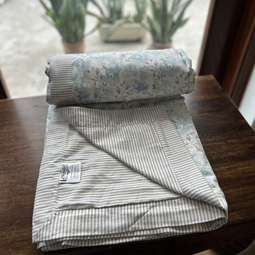Sadyaska Double Bed Blue and Grey Floral Printed Premium Pure Cotton Reversible 1 Pcs Dohar