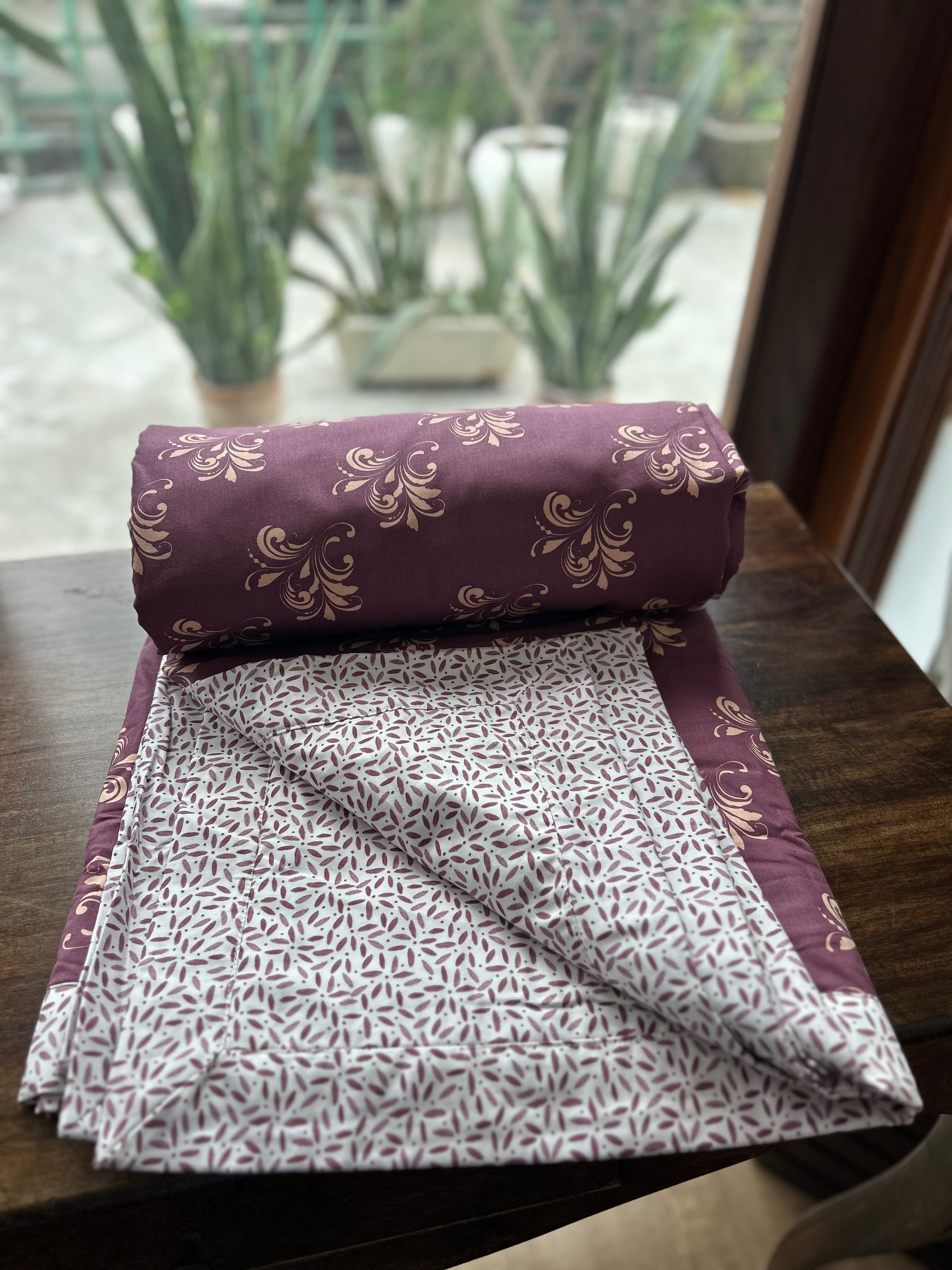 Sadyaska Double Bed Mauve Floral Printed Premium Pure Cotton Reversible 1 Pcs Dohar