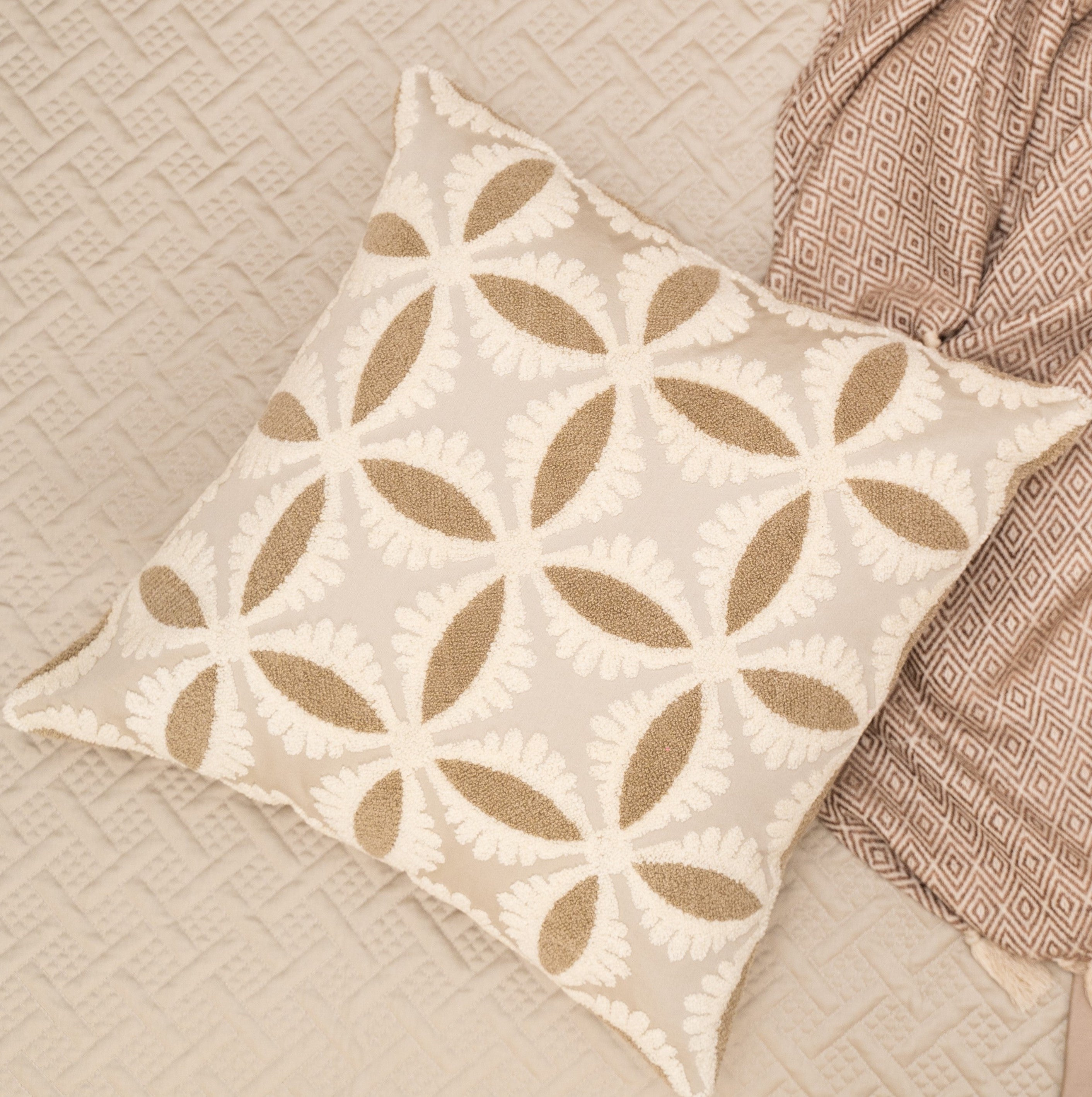 Sadyaska Botanical Bliss Cotton Embroidered Beige 16" X 16" 1 Pcs Cushion Cover