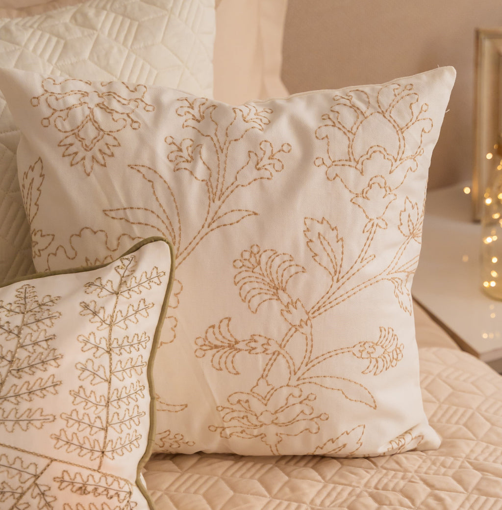 Sadyaska Leafy Retreat Cotton Embroidered Ivory 16" X 16" 1 Pcs Cushion Cover
