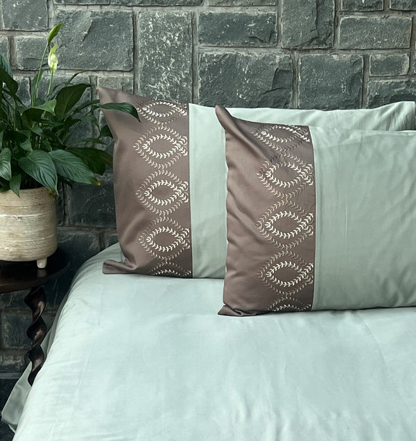 Sadyaska Exon Sage Green and Taupe Cotton Embroidered s (Set of 02) 1 Pcs Pillow Cover