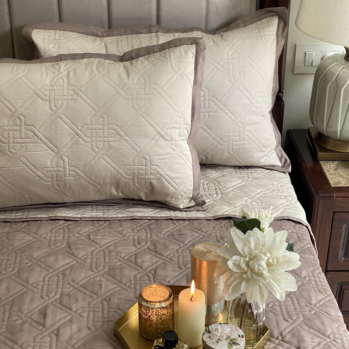 Sadyaska Quilted Beige and Taupe Gizmo Reversible 1 Pcs Bedspread