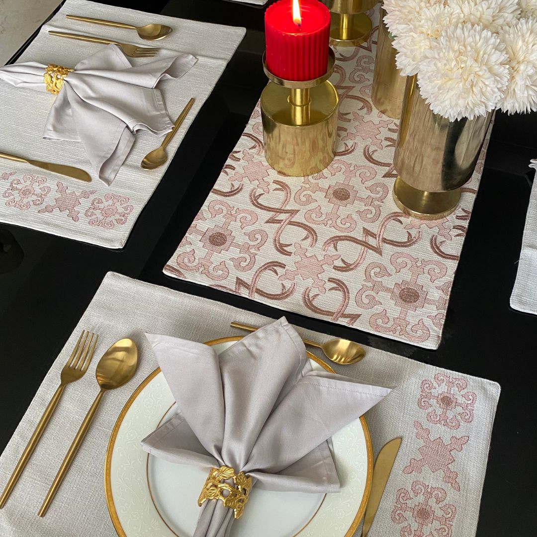 Sadyaska Geo Grey - Set of 2 Placemats & 2 Napkins 1 Pcs Table Linen