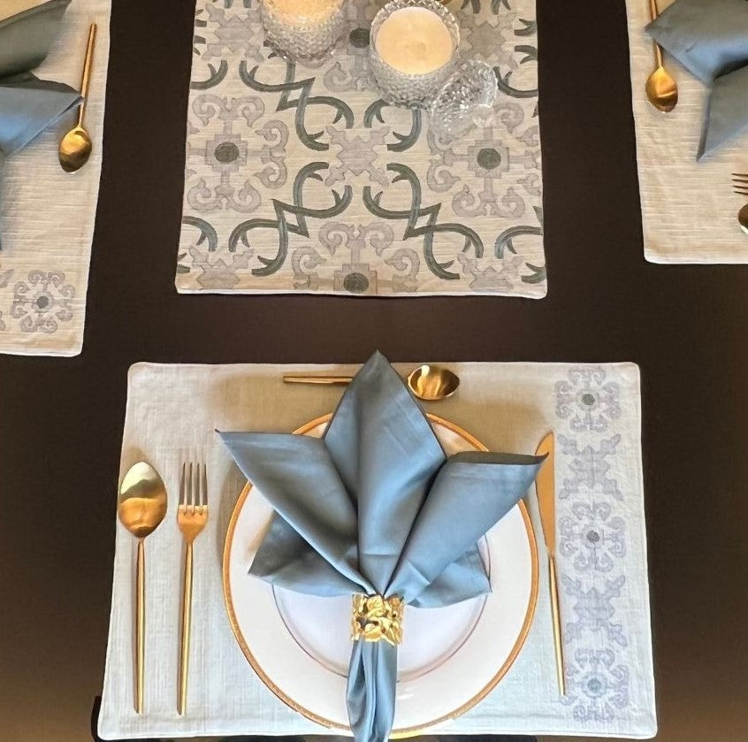 Sadyaska Geo Sage Green - Set of 2 Placemats & 2 Napkins 1 Pcs Table Linen