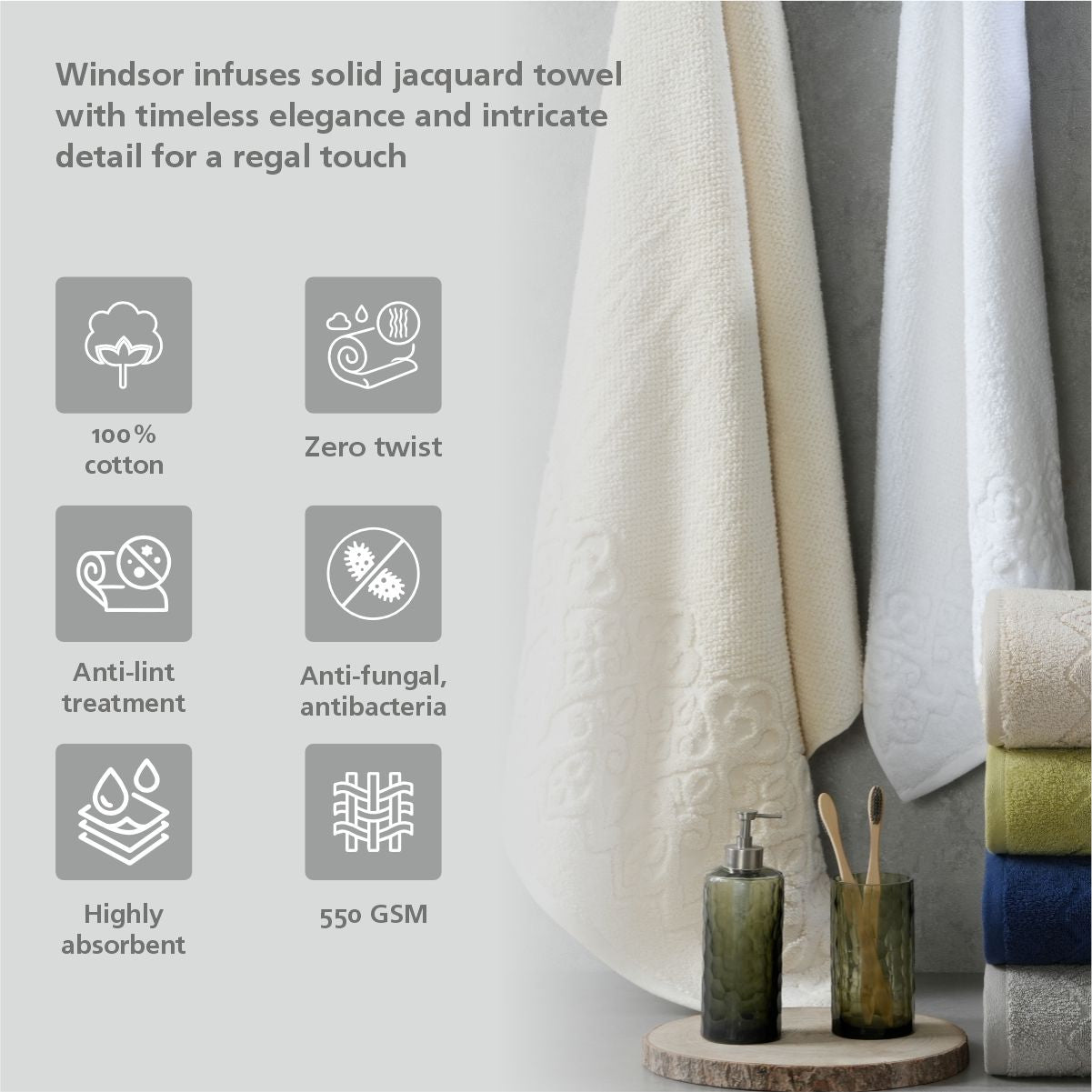 Windsor Antimicrobial Antifungal Zero Twist Fluffy Luxurious Grey Towel