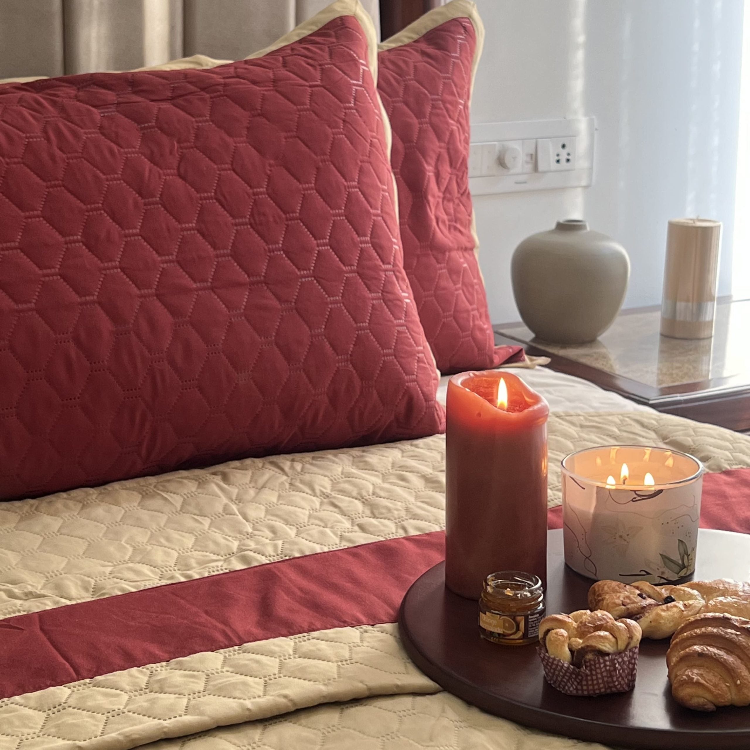 Sadyaska Quilted Maroon Beige 1 Pcs Bedspread
