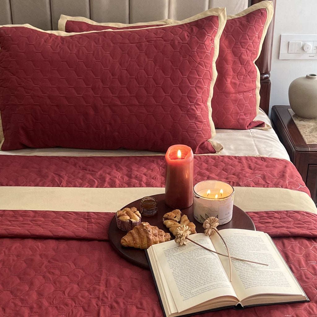 Sadyaska Quilted Maroon Beige 1 Pcs Bedspread